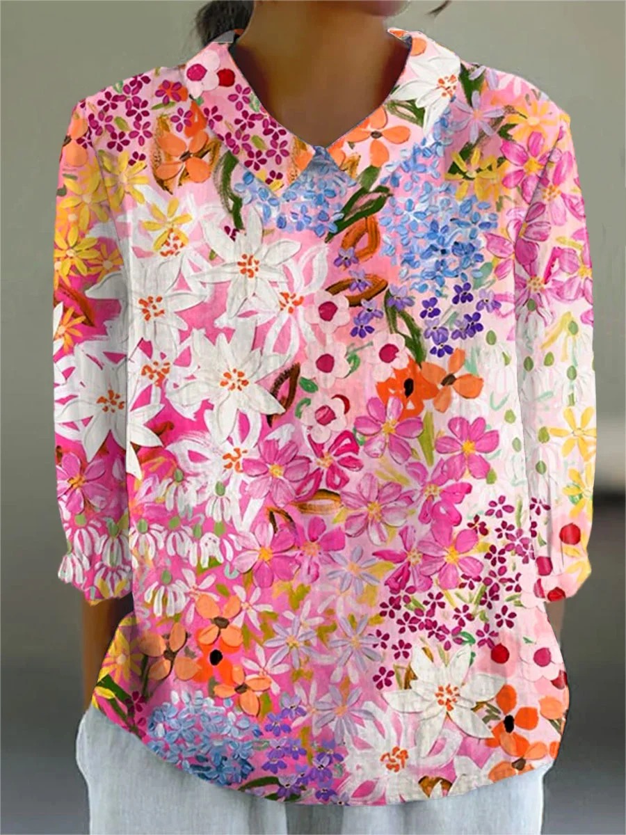 Women's Pastoral Flower Art Print Casual Cotton And Linen 3/4 Sleeve Shirt