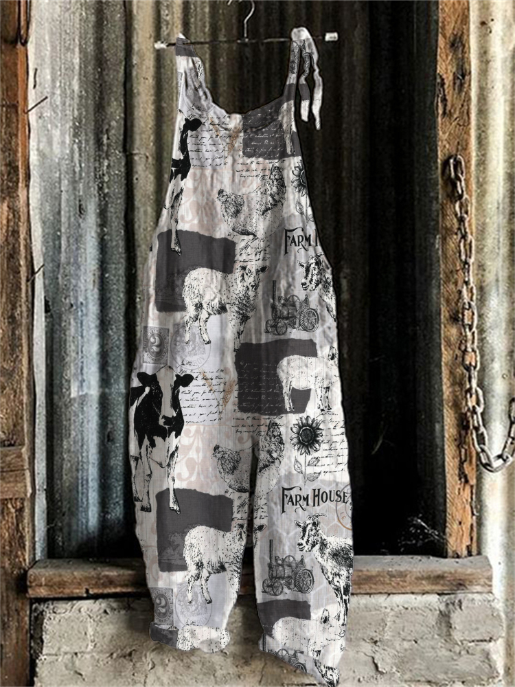 Vintage Farm Animals Pattern Linen Blend Jumpsuit