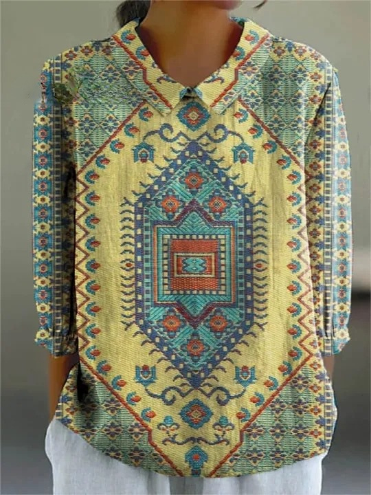 Women's Vintage Ethnic Pattern Art Print Casual Cotton And Linen 3/4 S