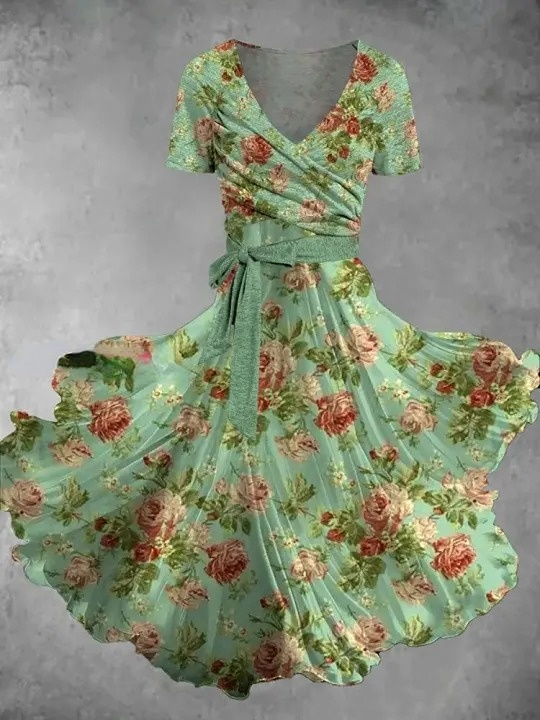 Retro Bohemian Style Floral Art Print V-Neck Short-Sleeved Two-Piece Mid-Length Dress