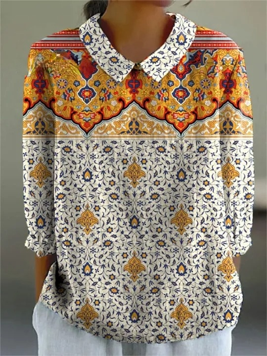 Women's Vintage Flower Art Print Casual Cotton And Linen 3/4 Sleeve Shirt
