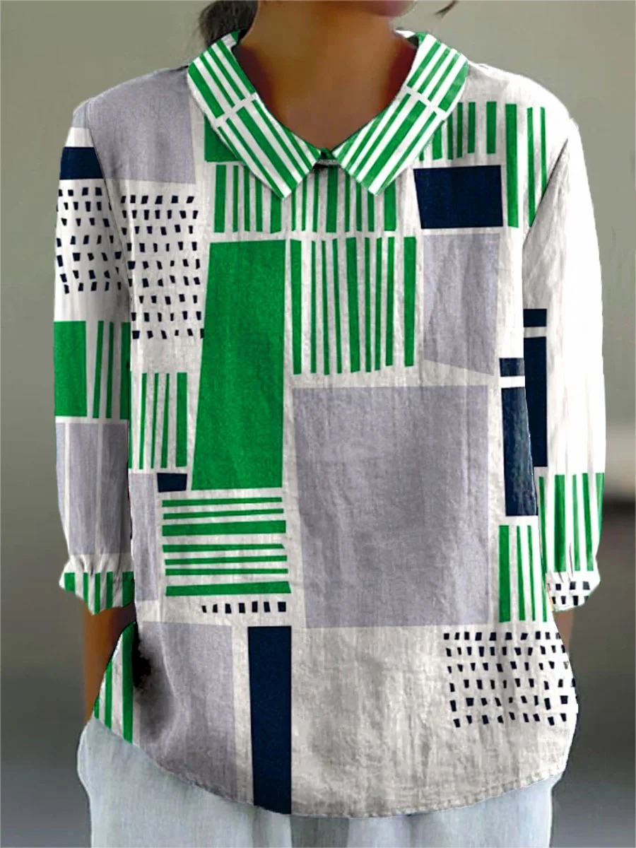 Women's Abstract Stripes Geometric Art Print Casual Cotton And Linen 3/4 Sleeve Shirt