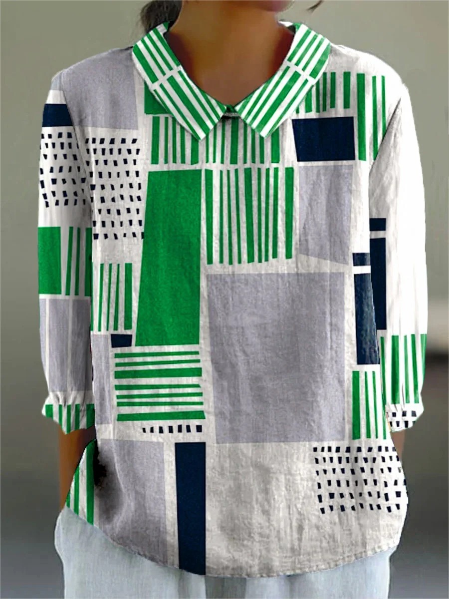 Women's Vintage Colorblock Striped Art Print Casual Cotton And Linen 3