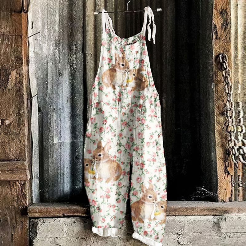 Vintage Floral Rabbit Linen Blend Loose Casual Jumpsuit
