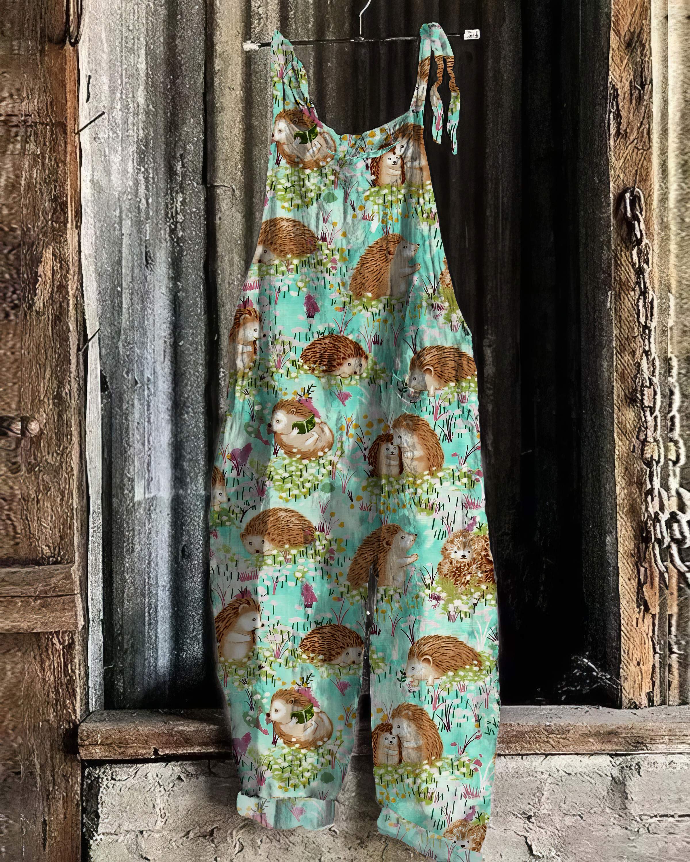 Vintage Hedgehog Village Pattern Casual Jumpsuit