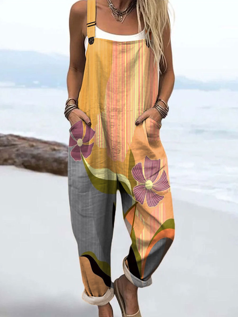 Women's Vintage Art Print Casual Cotton Wide Leg Jumpsuit