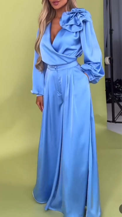 Women's Formal V-neck Satin Elegant Two-Piece Suits