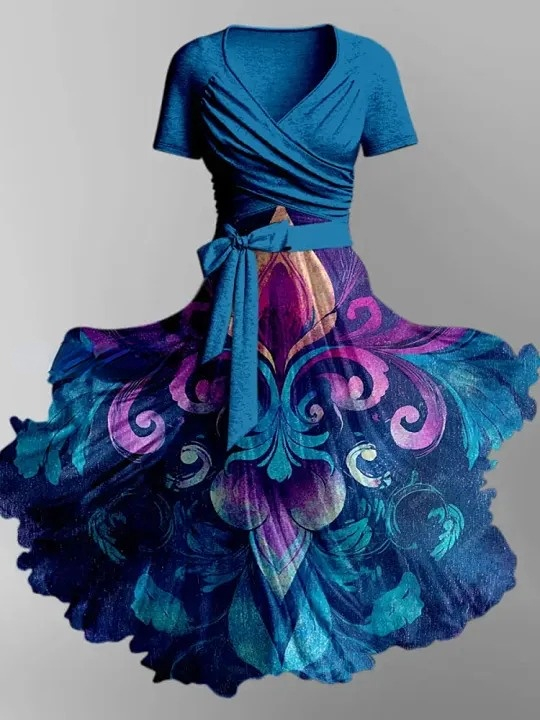 Retro Boho Floral Print Vintage V-Neck Short Sleeve Two-Piece Midi Dress