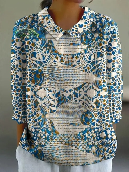 Women's Vintage Abstract Fish Scale Texture Art Print Casual Cotton And Linen 3/4 Sleeve Shirt