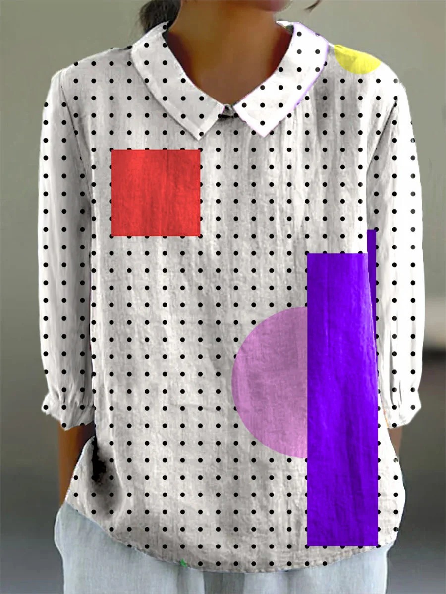 Women's Abstract Polka Dot Color Block Art Print Casual Cotton And Linen 3/4 Sleeve Shirt