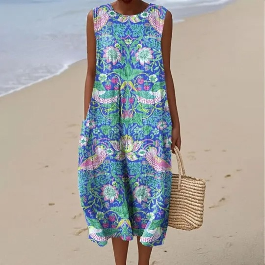 Women's Vintage Bird and Floral Art Print Sleeveless Cotton Pocket Wrap Dress