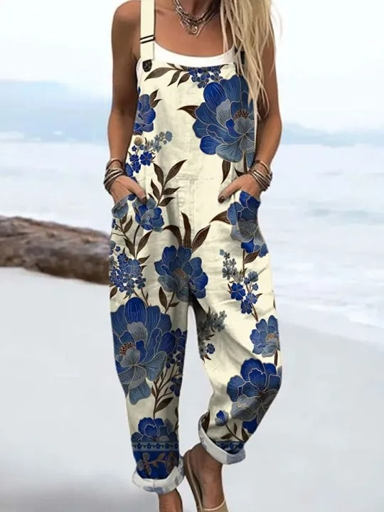 Women's Vintage Flower Art Print Casual 100% Cotton Wide Leg Jumpsuit