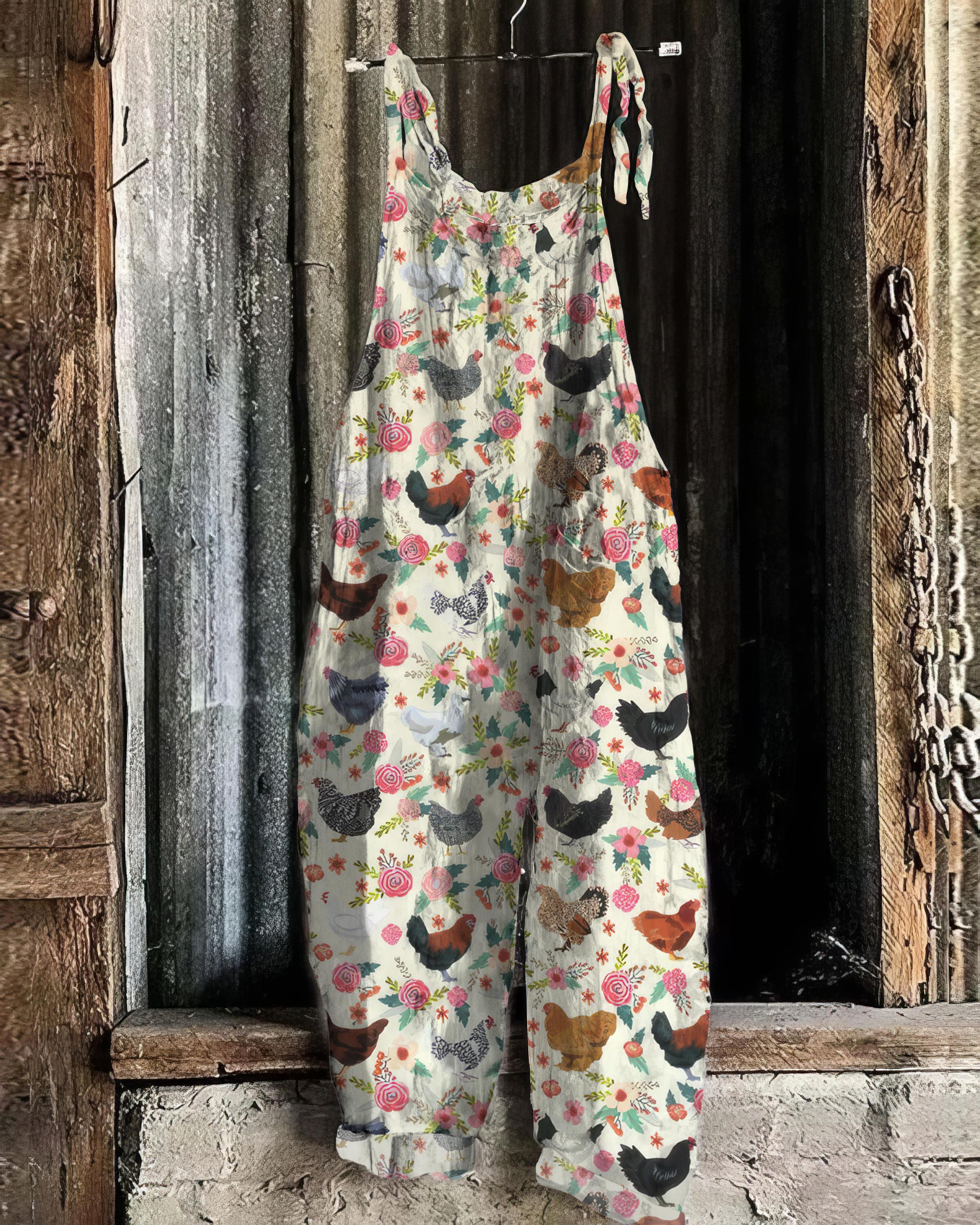Farm Chicken And Floral Pattern Linen Blend Jumpsuit