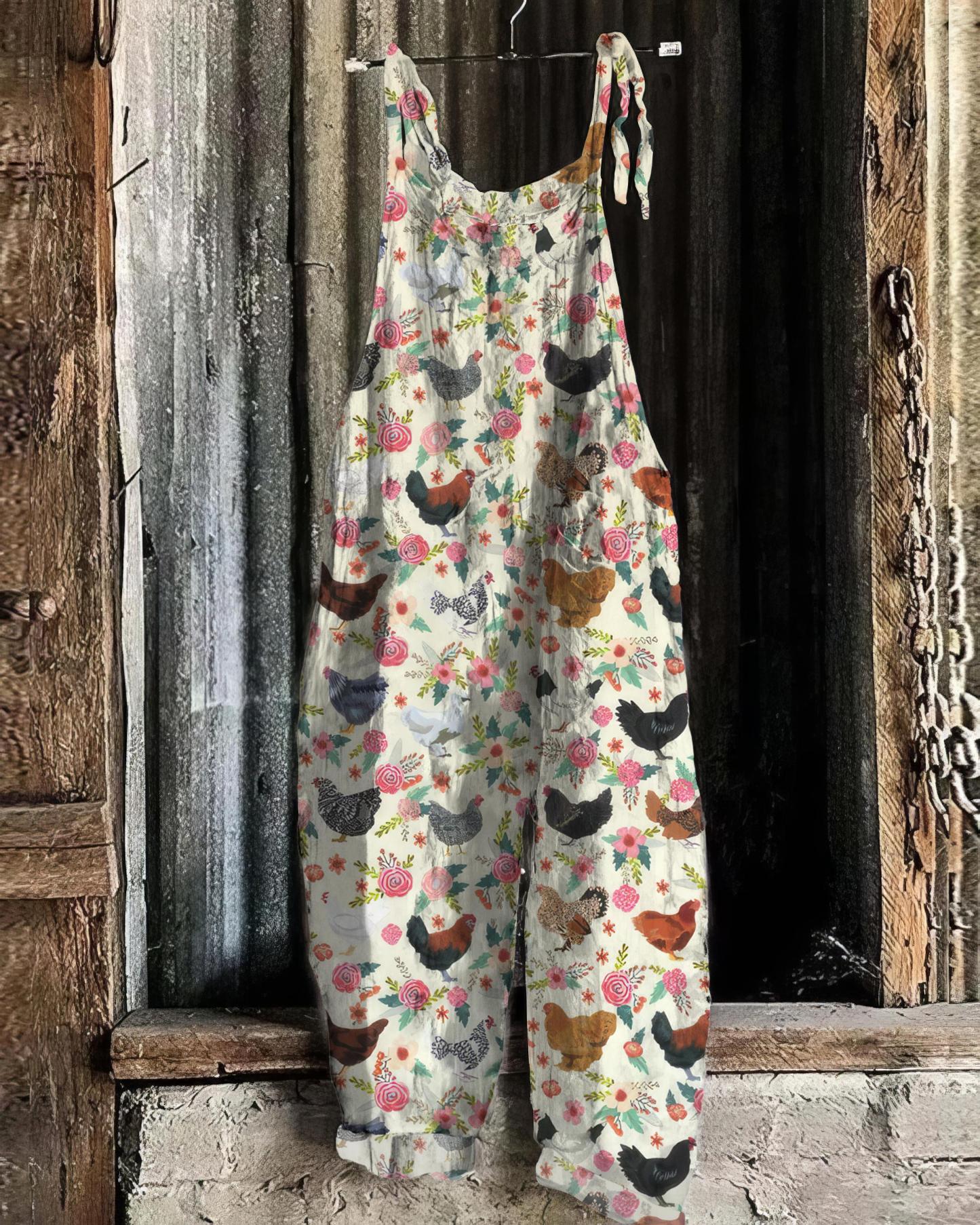 Farm Chicken And Floral Pattern Linen Blend Jumpsuit