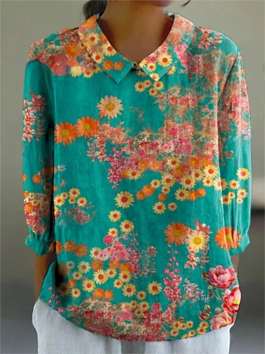 Women's Vintage Floral Art Print Casual Cotton And Linen 3/4 Sleeve Shirt