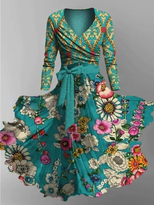 Floral Print Vintage V-Neck Long Sleeve Two-Piece Midi Dress