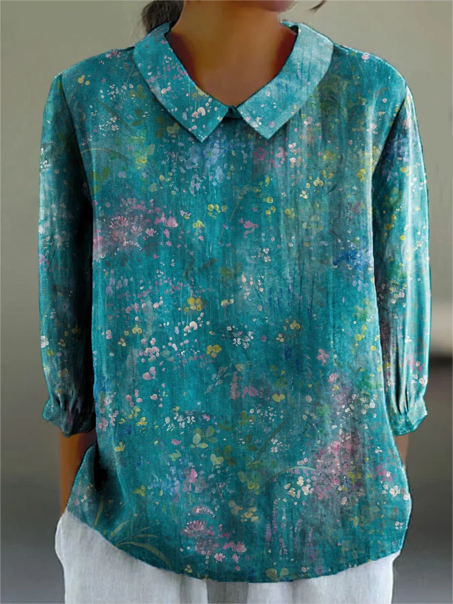Women's Vintage Floral Art Print Casual Cotton And Linen 3/4 Sleeve Shirt