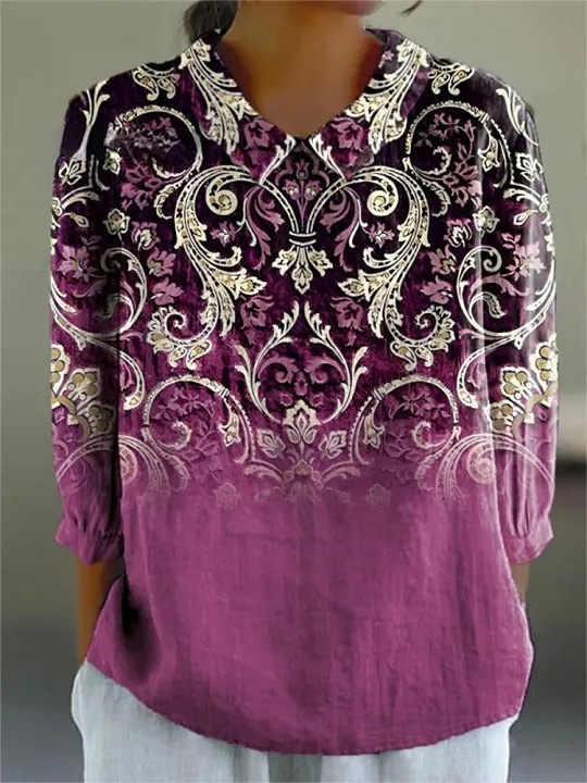 Women's Vintage Ethnic Floral Pattern Art Print Casual Cotton And Linen 3/4 Sleeve Shirt
