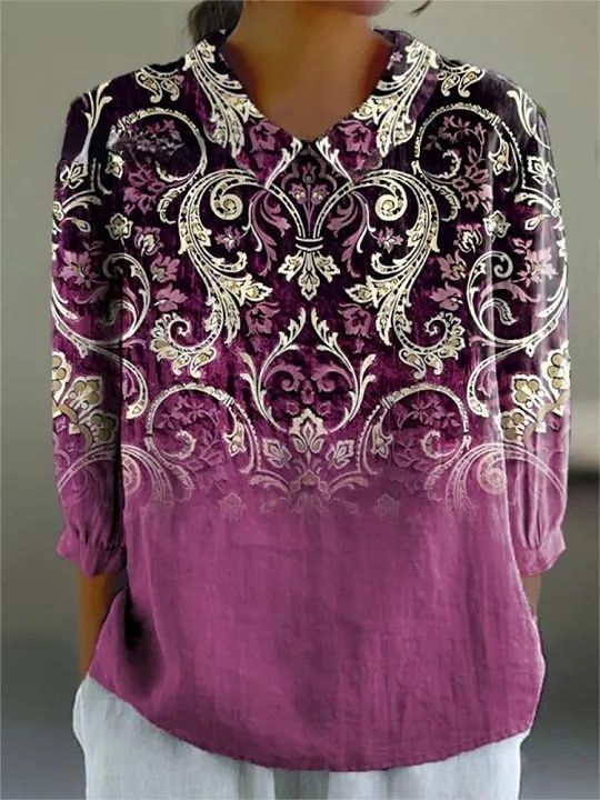 Women's Vintage Ethnic Floral Pattern Art Print Casual Cotton And Linen 3/4 Sleeve Shirt