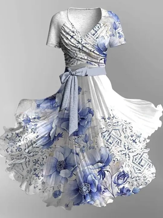 Floral Print Vintage V-Neck Short Sleeve Two-Piece Midi Dress