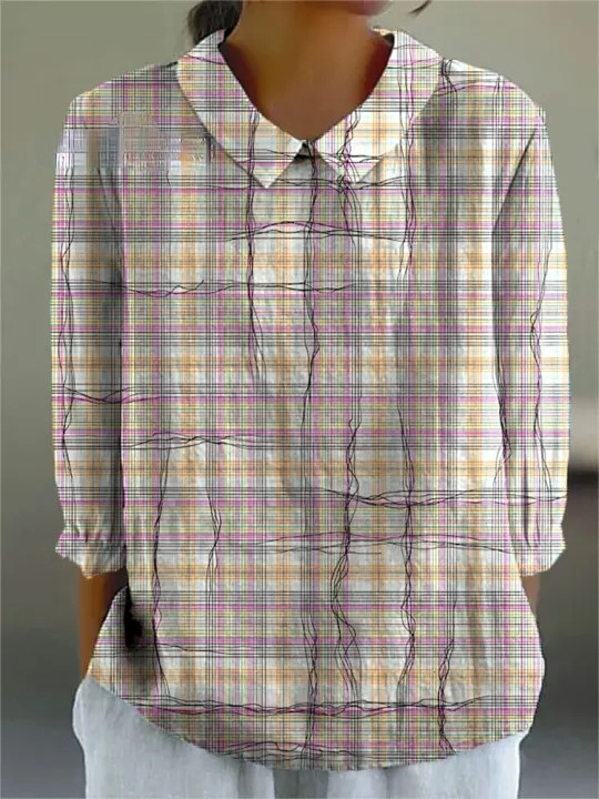 Women's Vintage Plaid Torn Art Print Casual Cotton And Linen 3/4 Sleeve Shirt