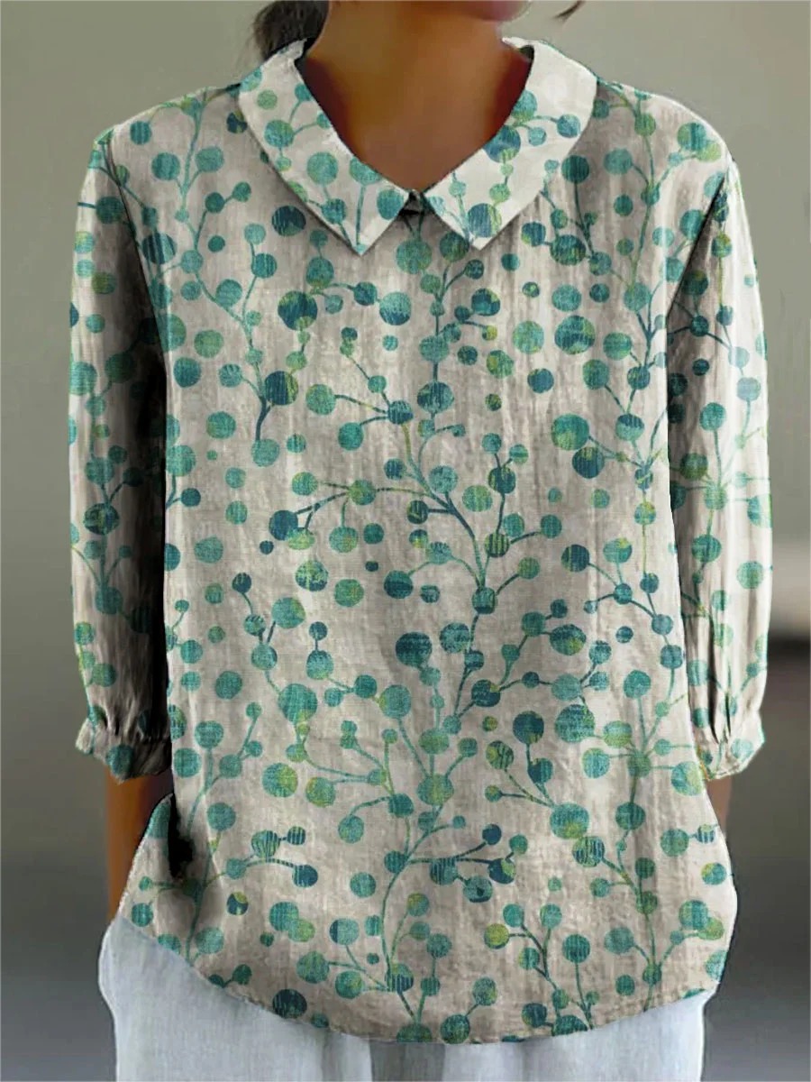 Women's Vintage Floral Art Print Casual Cotton And Linen 3/4 Sleeve Shirt