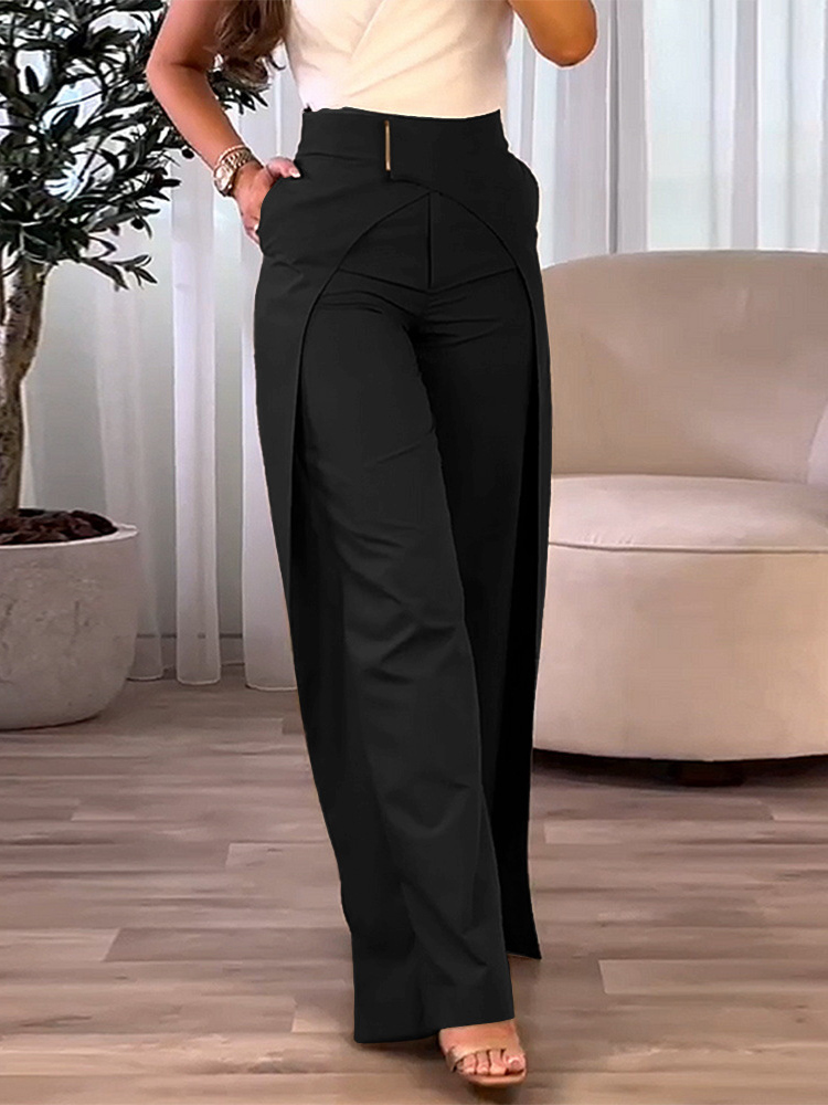 Fashion Women's Casual High Waist Overlap Asymmetric Elegant Solid Color Wide Leg Pants