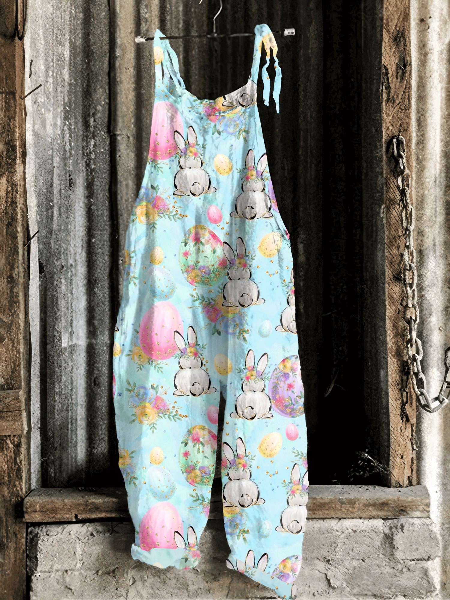 Vintage Easter Bunny Pattern Casual Jumpsuit