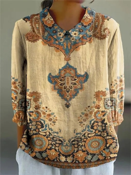 Women's Vintage Ethnic Pattern Art Print Casual Cotton And Linen 3/4 Sleeve Shirt