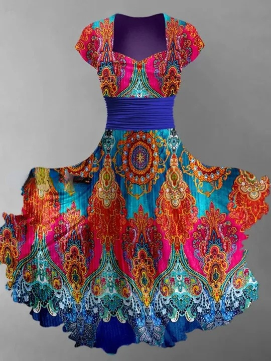 Paisley Floral Art Print V-Neck Vintage Chic Short Sleeve Midi Dress