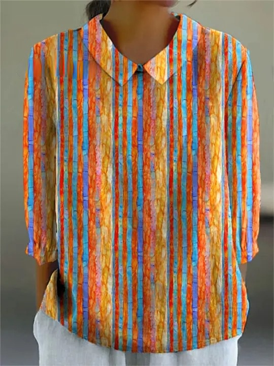Women's Color Stripe Art Print Casual Cotton And Linen 3/4 Sleeve Shirt