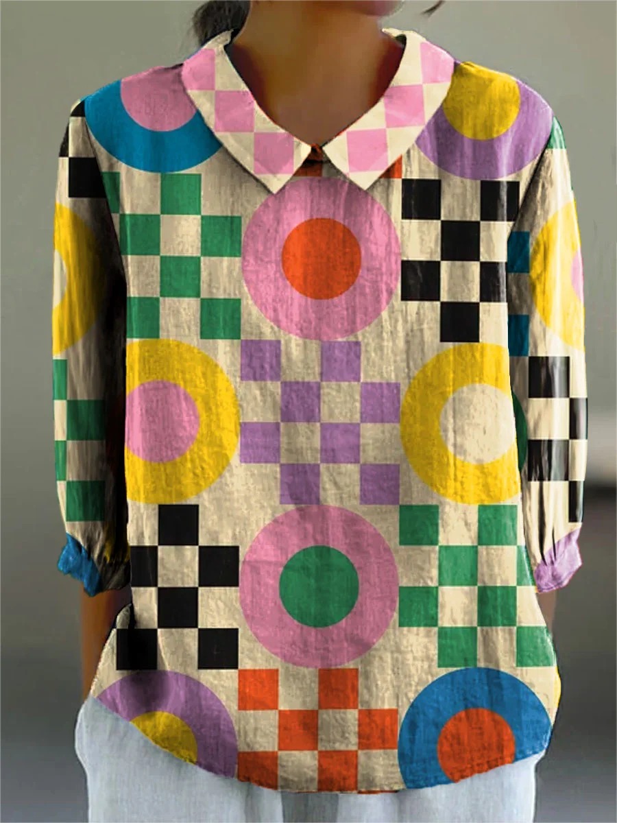 Women's Fashion Color Block Geometric Art Print Casual Cotton And Linen 3/4 Sleeve Shirt