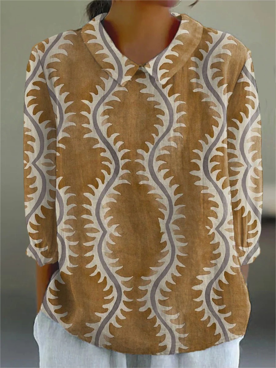 Women's Boho Vintage Art Print Casual Cotton And Linen 3/4 Sleeve Shirt