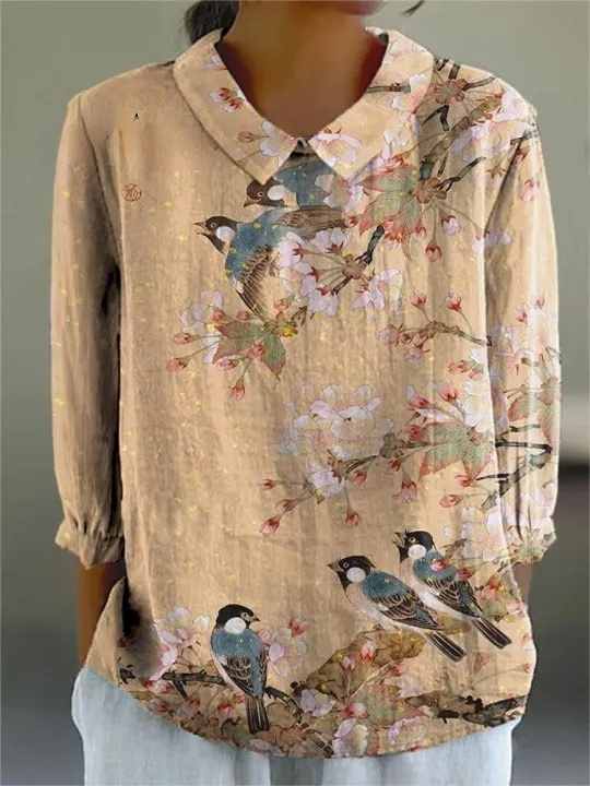 Women's Vintage Floral Birds Art Print Casual Cotton And Linen 3/4 Sle