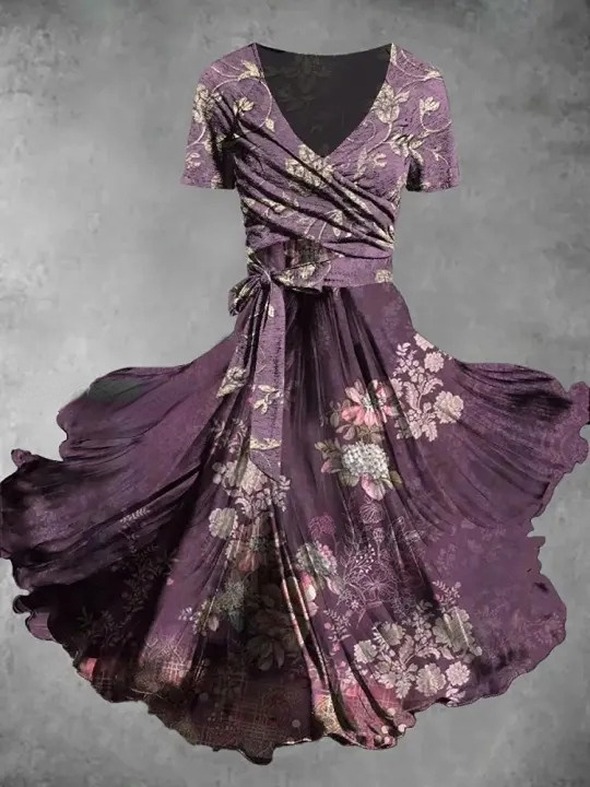 Retro Bohemian Style Floral Art Print V-Neck Short-Sleeved Two-Piece Mid-Length Dress