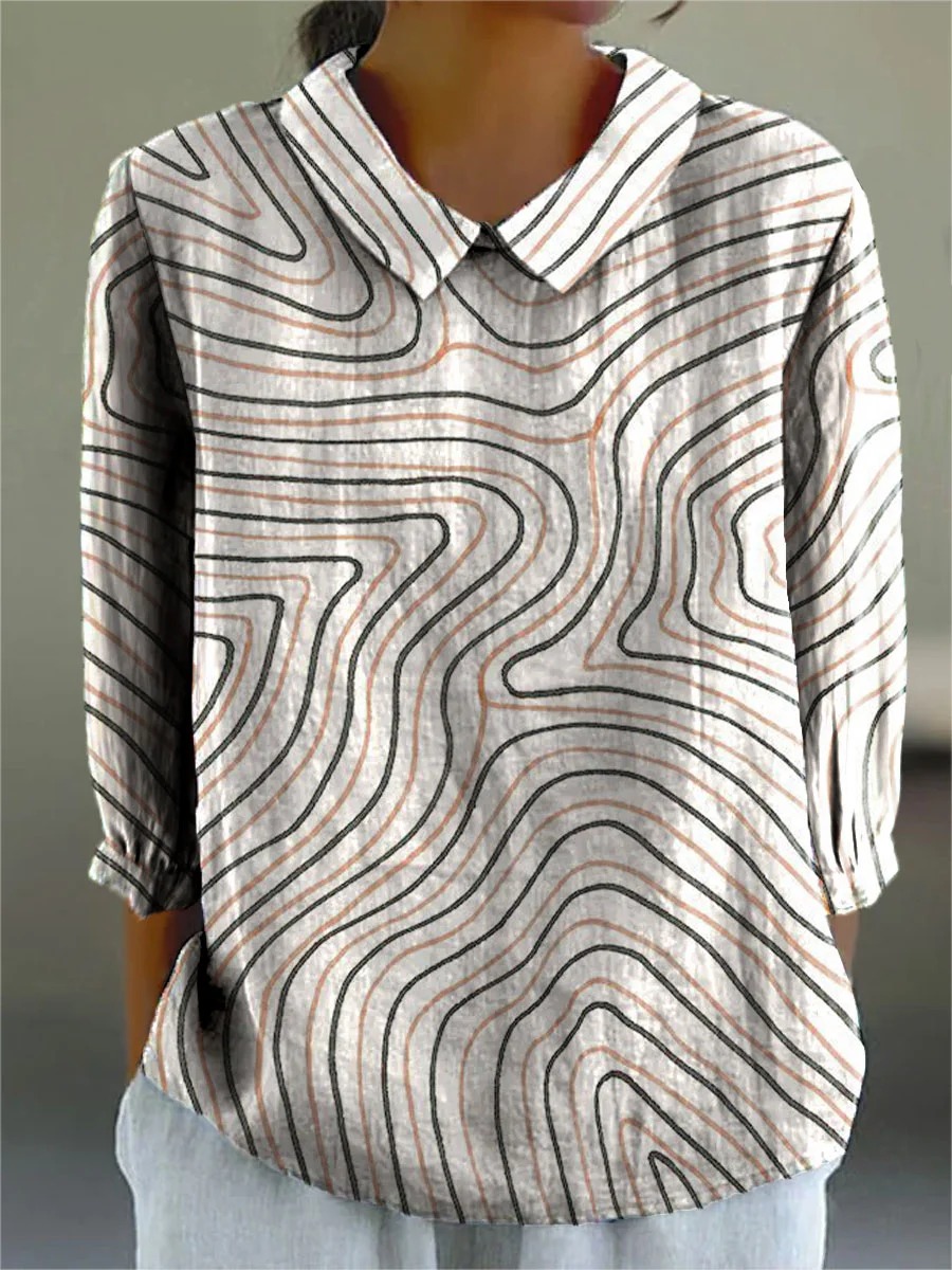 Women's Vintage Line Art Print Casual Cotton And Linen 3/4 Sleeve Shirt