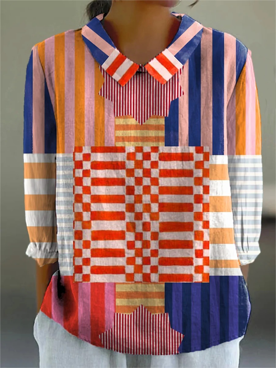 Colorful Geometric Pattern Printed Women's Casual Cotton And Linen 3/4 Sleeve Shirt
