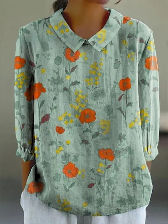 Women's Vintage Floral Art Print Casual Cotton And Linen 3/4 Sleeve Sh
