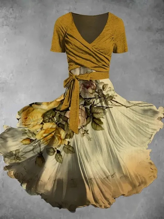 Retro Bohemian Style Floral Art Print V-Neck Short-Sleeved Two-Piece Mid-Length Dress