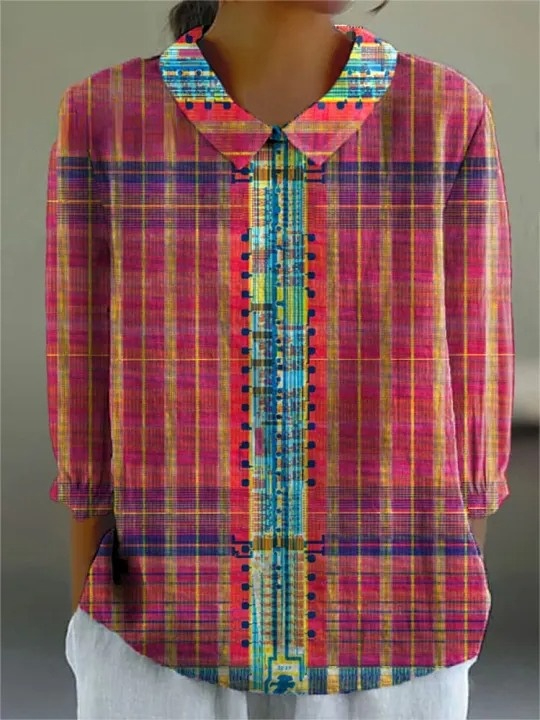 Women's Retro Plaid Art Print Casual Cotton And Linen 3/4 Sleeve Shirt