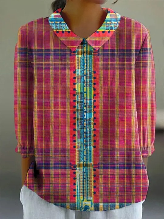 Women's Retro Plaid Art Print Casual Cotton And Linen 3/4 Sleeve Shirt