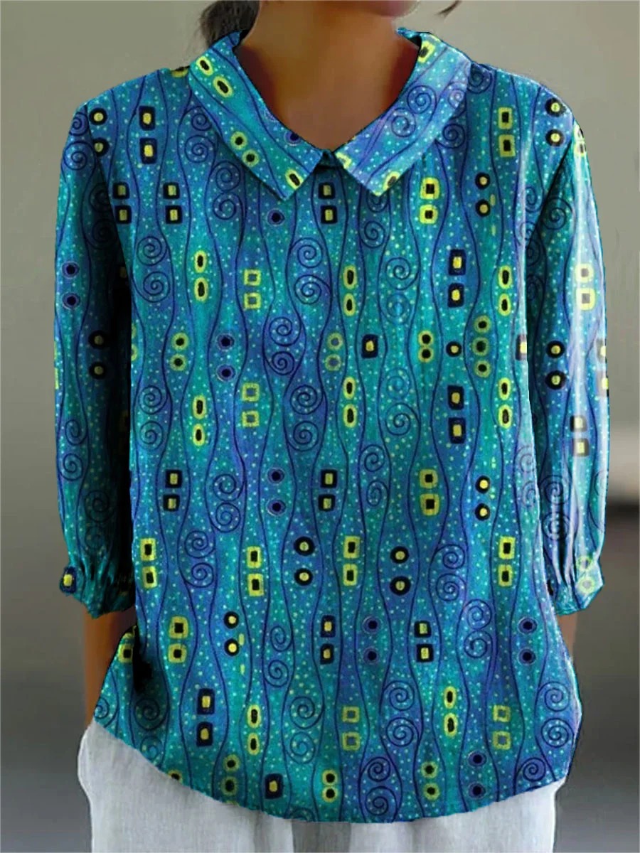 Women's Vintage Line Art Print Casual Cotton And Linen 3/4 Sleeve Shirt