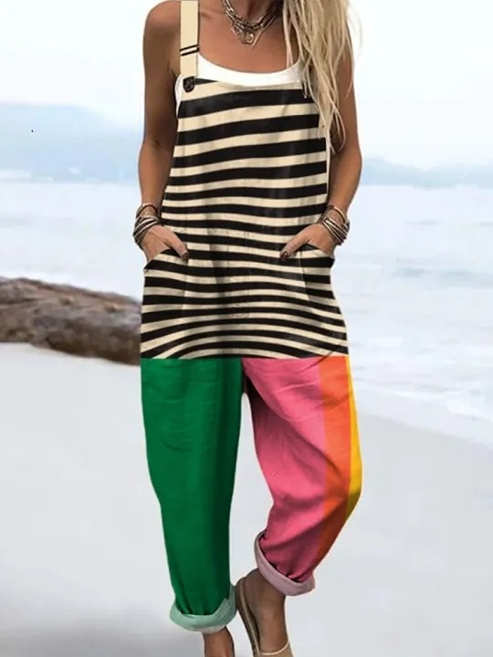 Women's Abstract Geometric Pattern Art Print Casual 100% Cotton Wide Leg Jumpsuit