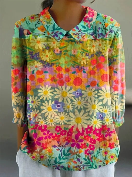 Women's Vintage Floral Art Print Casual Cotton And Linen 3/4 Sleeve Shirt