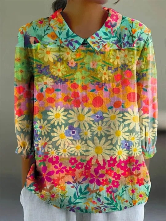 Women's Vintage Floral Art Print Casual Cotton And Linen 3/4 Sleeve Sh