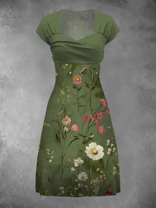 Floral Art Print  Vintage Elegant Short Sleeve Midi Dress