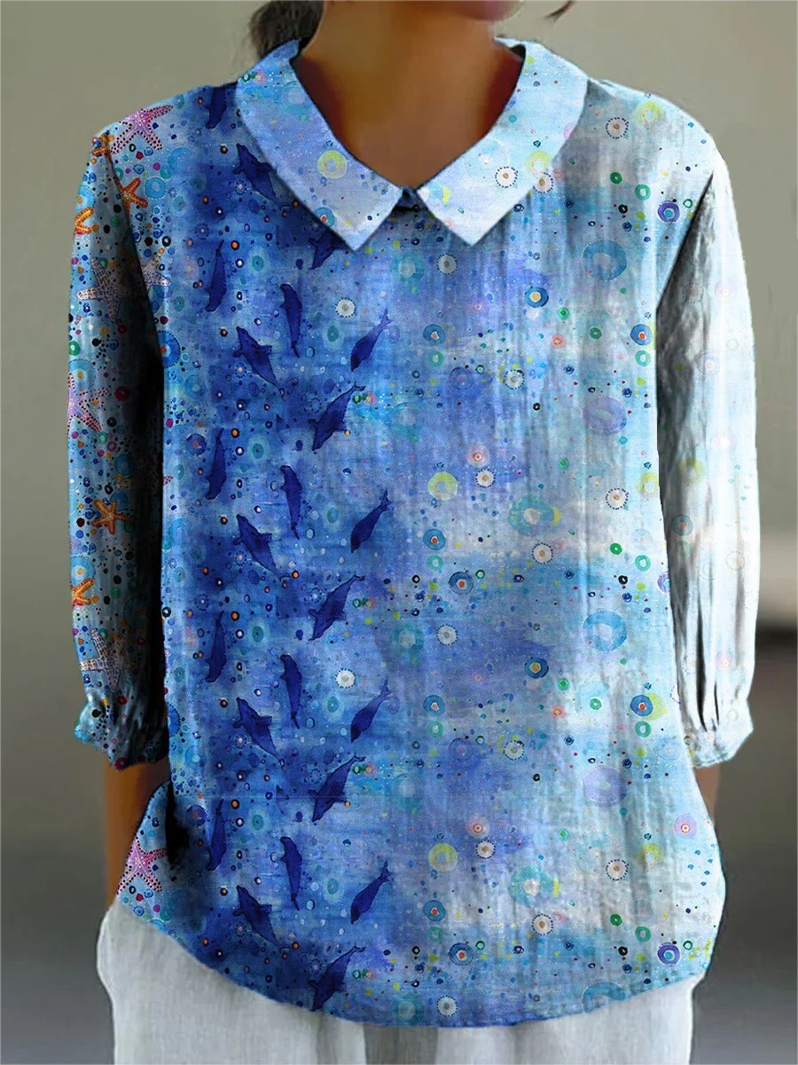 Women's Vintage Blue Ocean Art Print Casual Cotton And Linen 3/4 Sleeve Shirt