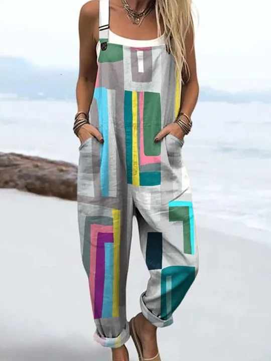Women's Abstract Color Block Art Print Casual 100% Cotton Wide Leg Jumpsuit
