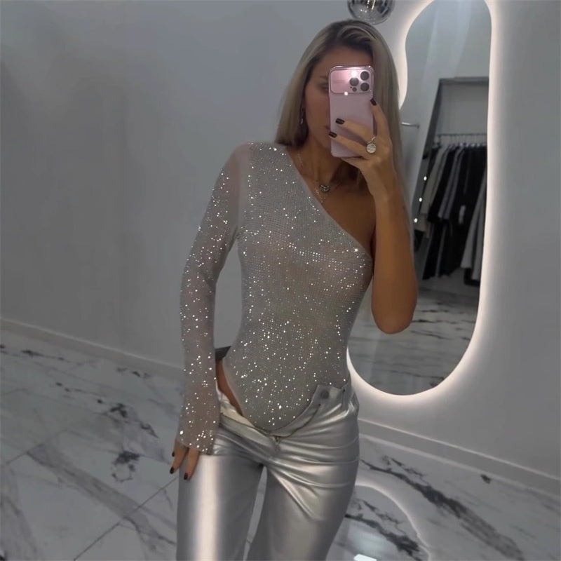 🛍️Women's One Shoulder Sequin Bodysuit