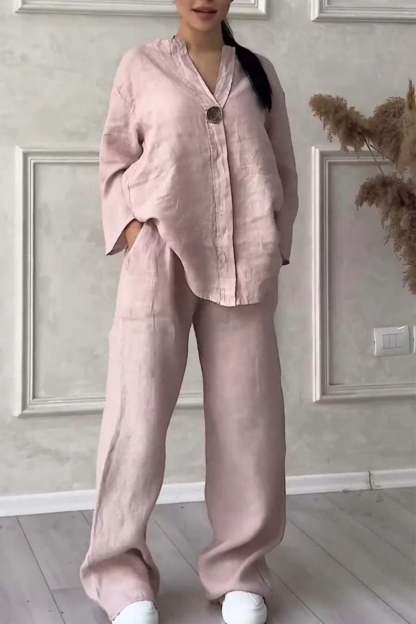 inostorTM-Women Casual button decorated cotton and linen two-piece set